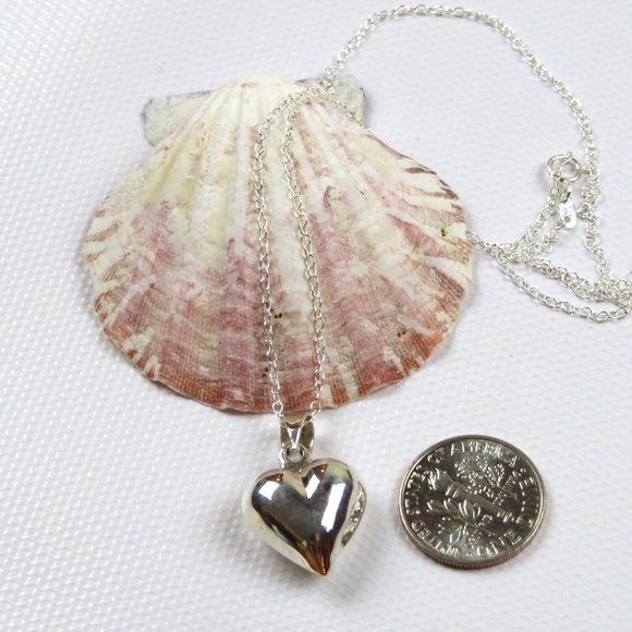 NEW- Sterling Silver Puff Heart Charm silver chain Necklace 16" - Picture 4 of 5